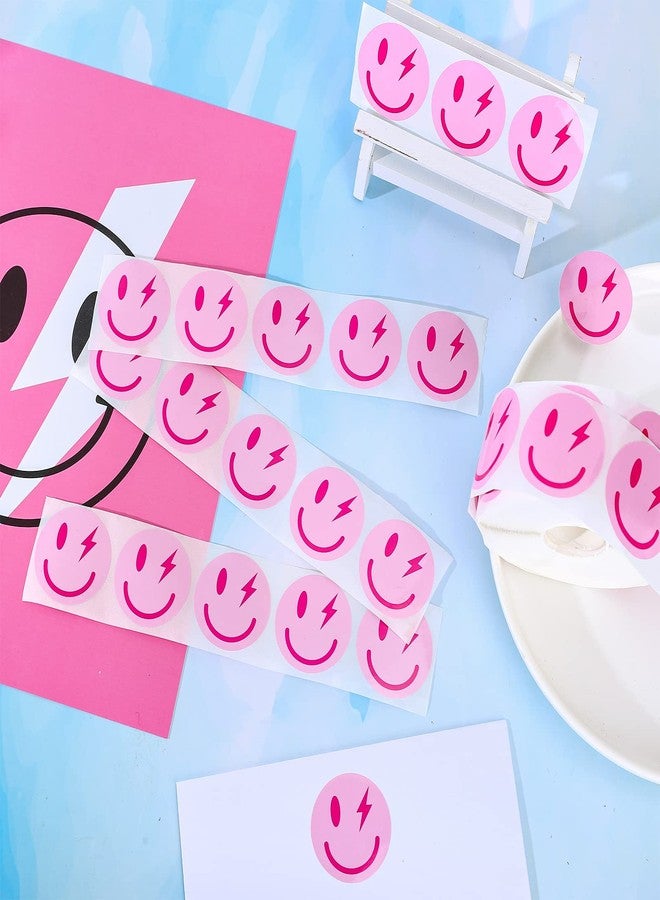 Whaline 1000Pcs Preppy Funny Face Stickers Roll Pink Happy Face Round Decal Stickers Reward Self-Adhesive Sticker for Back to School Teachers Preppy Party Favor Supplies - Image 3