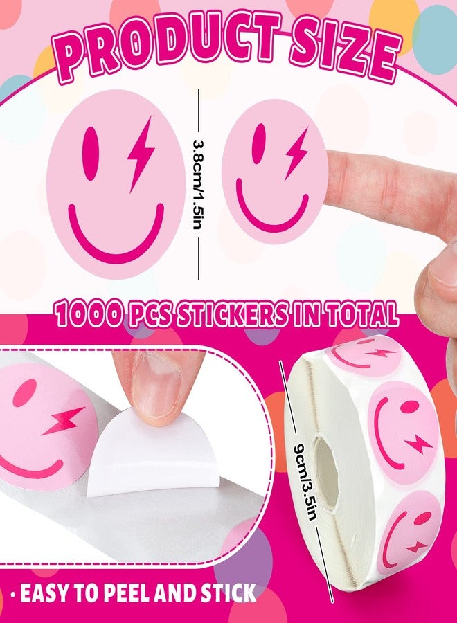 Whaline 1000Pcs Preppy Funny Face Stickers Roll Pink Happy Face Round Decal Stickers Reward Self-Adhesive Sticker for Back to School Teachers Preppy Party Favor Supplies - Image 2