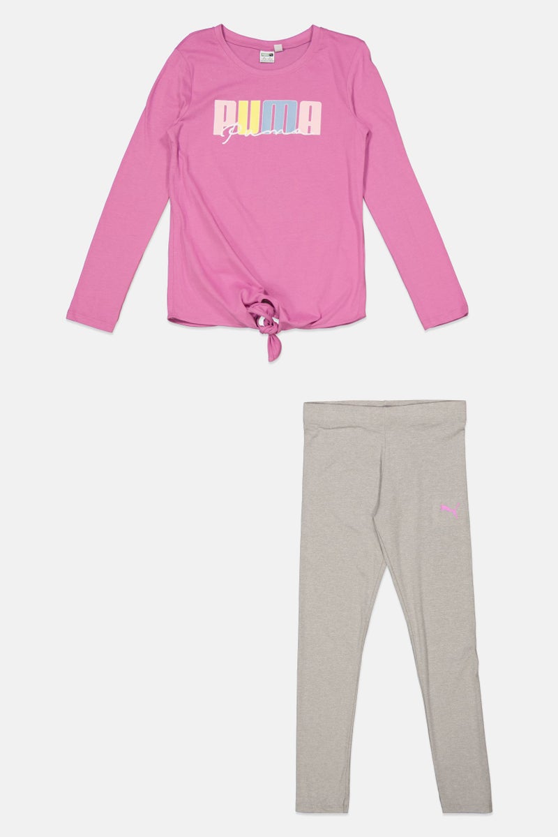 PUMA Kids Girl 2Piece Sportswear Fit Brand Logo Outdoor T-Shirt And Pull On Pants, Mauve - Image 1