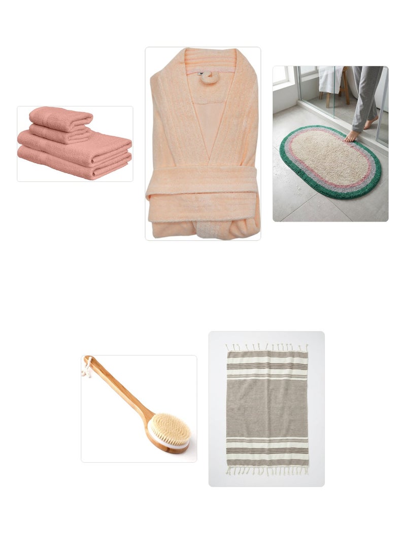 Princess 7+ Pcs Bath & Spa Set - Princess 4 Pc Towel Set 70x140cm + Ambrosia 50x80cm Bath Mat + Ambrosia 90x180cm Fouta Towel + Sky Touch Long Handle Bath Brush + Ambrosia Cotton Bathrobe - Image 1