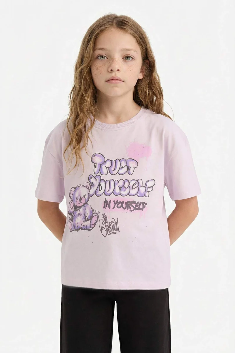 DeFacto Girl Relax Fit Crew Neck Slogan Printed T-Shirt