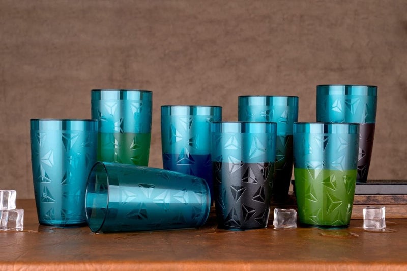 LEAWALL Pack of 8 100 Unbreakable Curved Shape Prism Pattern Water Juice Drinking Glasses Set Premium Water and Juice Glasses Stylish Glasses for Juice and Cocktails300 ml Plastic Sky Blue - Image 1