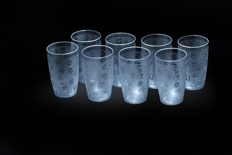 LEAWALL Pack of 8 100 Unbreakable Curved Shape Prism Pattern Water Juice Drinking Glasses Set Premium Water and Juice Glasses Stylish Glasses for Juice and Cocktails300 ml Plastic Sky Blue - Image 2