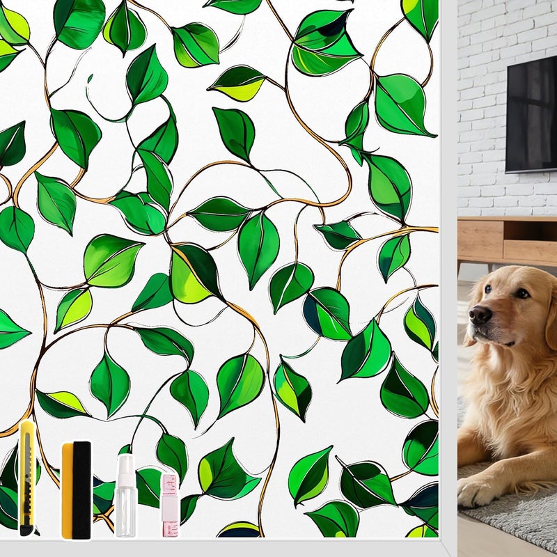 NINETREX Green Leaf Tinting Film on White Background UV Protection Film for Living Room Kitchen Bedroom Office (44.5 x 200cm) - Image 1
