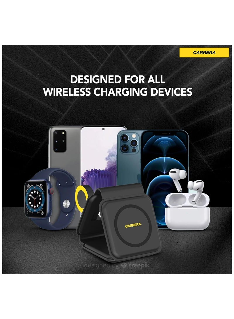CARRERA 3 in 1 Foldable Wireless Charger Pad CWC-235, Magnetic 15W Fast Charging for Phone, 2.5W for Earbud, 2.5W for Watch, Type C Cable Included, Mag Safe & Multi-Device Compatible - Image 4