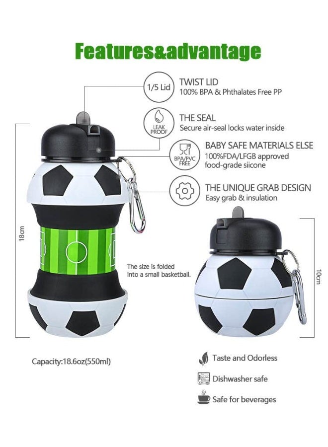Silicone Collapsible Water Bottle, Football Design, Leak-Proof & BPA Free with Carabiner Clip - 550ml (18.5oz) - Image 2