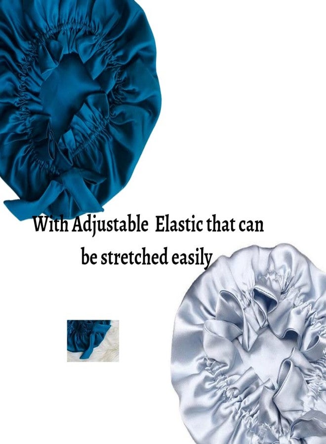 Atrube Satin Bonnet for Curly Hair| Silk Satin Hair Cap for Sleeping| Reversible Hair wrap with Adjustable Tying Drawstring Pack of 2 (Silver, Blue) - Image 4