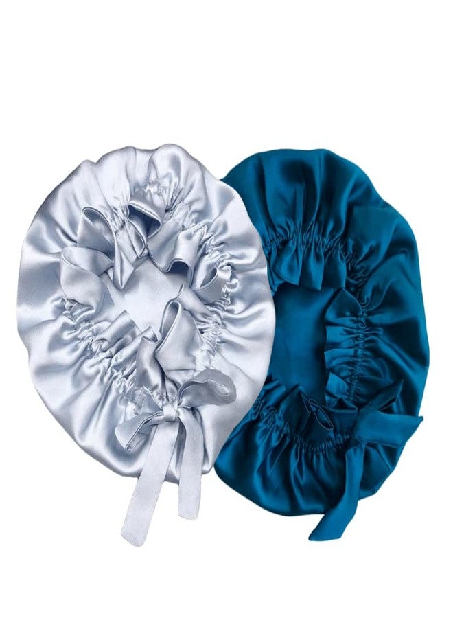 Atrube Satin Bonnet for Curly Hair| Silk Satin Hair Cap for Sleeping| Reversible Hair wrap with Adjustable Tying Drawstring Pack of 2 (Silver, Blue) - Image 1