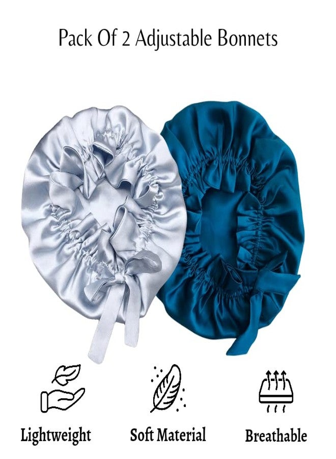 Atrube Satin Bonnet for Curly Hair| Silk Satin Hair Cap for Sleeping| Reversible Hair wrap with Adjustable Tying Drawstring Pack of 2 (Silver, Blue) - Image 2