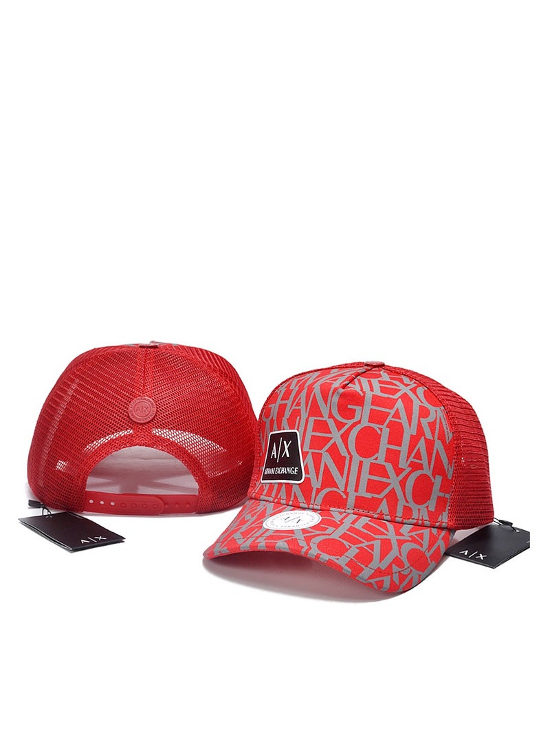 Trucker Hat: Red Mesh, All - Over Logo Print