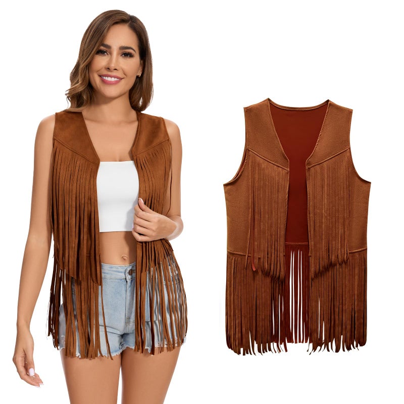 ATAMET Women's Fringe Vest 60s 70s Hippie Vest Sleeveless Cowgirl Western Faux Suede Tassel Leather Jacket Hippie Party (US, Alpha, Large, Regular, Regular, Brown) - Image 1
