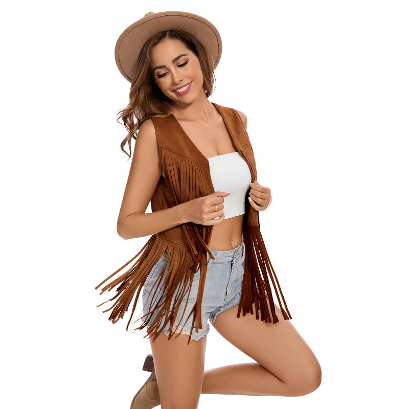 ATAMET Women's Fringe Vest 60s 70s Hippie Vest Sleeveless Cowgirl Western Faux Suede Tassel Leather Jacket Hippie Party (US, Alpha, Large, Regular, Regular, Brown) - Image 3