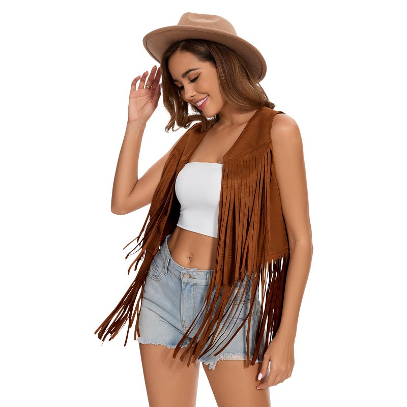 ATAMET Women's Fringe Vest 60s 70s Hippie Vest Sleeveless Cowgirl Western Faux Suede Tassel Leather Jacket Hippie Party (US, Alpha, Large, Regular, Regular, Brown) - Image 2