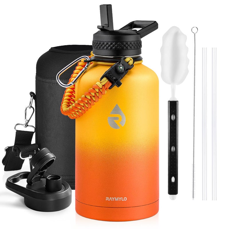 RAYMYLO Insulated Water Bottle 64 oz Triple Wall Vacuum Stainless Steel Cold for 48 Hrs Leak Proof NonBPA Half Gallon Water Flask Jug with Paracord Handle Straw Spout Lids Ombre Orange