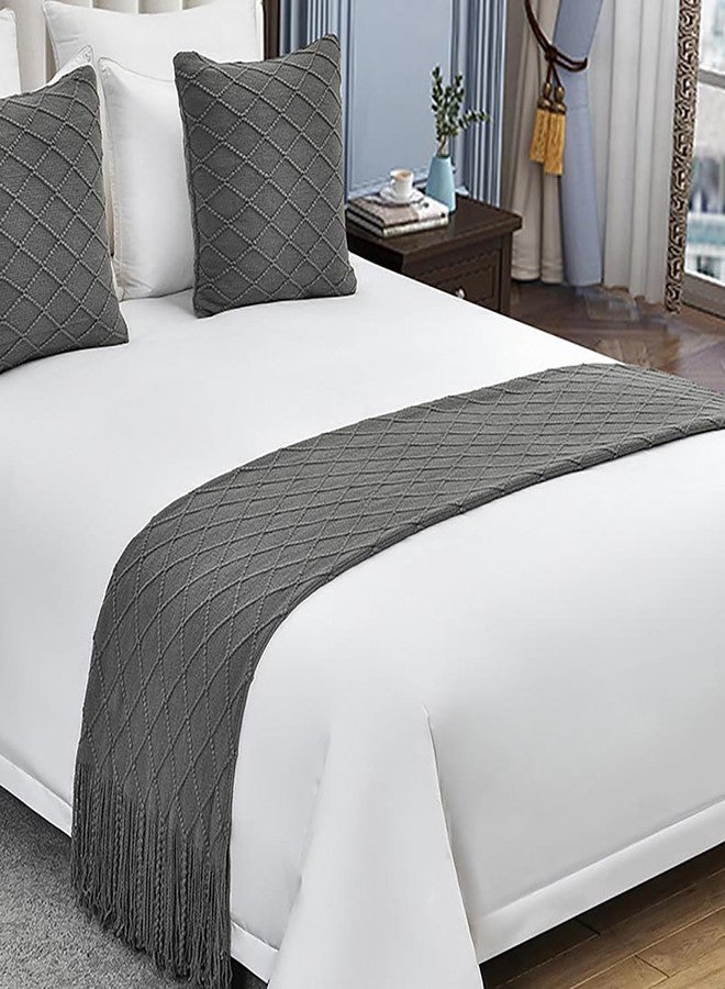 Ctslbreploo Geometry Bed Runners for King & Queen Size Bed Solid Grey Bed Scarf with Tassel Boho Knit Bed Runner Scarves Decorative for Bedroom Home Hotel (91x24 Inches, 1 Piece) - Image 1