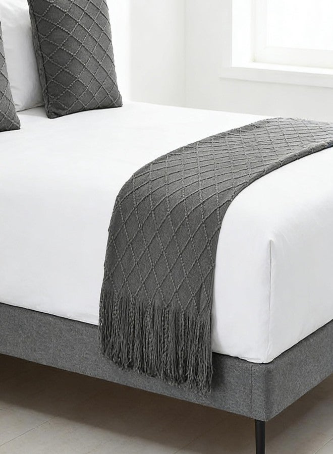 Ctslbreploo Geometry Bed Runners for King & Queen Size Bed Solid Grey Bed Scarf with Tassel Boho Knit Bed Runner Scarves Decorative for Bedroom Home Hotel (91x24 Inches, 1 Piece) - Image 2