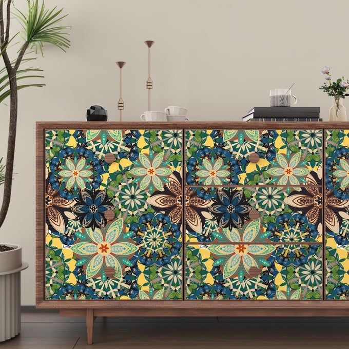 PEEL AND STICK BOHO WALLPAPER GREEN YELLOW BLUE FLORAL VINTAGE SELF ADHESIVE CONTACT PAPER FOR ACCENT WALL BACKSPLASH CABINETS BOHEMIAN STYLE 175X102