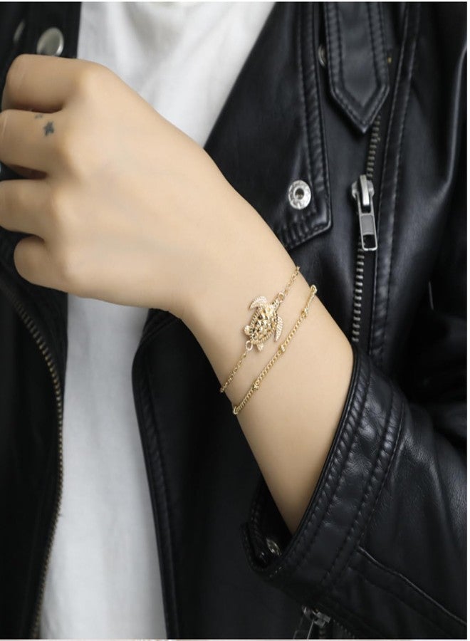AZFEIYA Dainty Gold Bracelets for Women, 14K Gold Plated Adjustable Layered Bracelet Cute Evil Eye,Turtle Gold Bracelets for Women Jewelry (Turtle) - Image 2