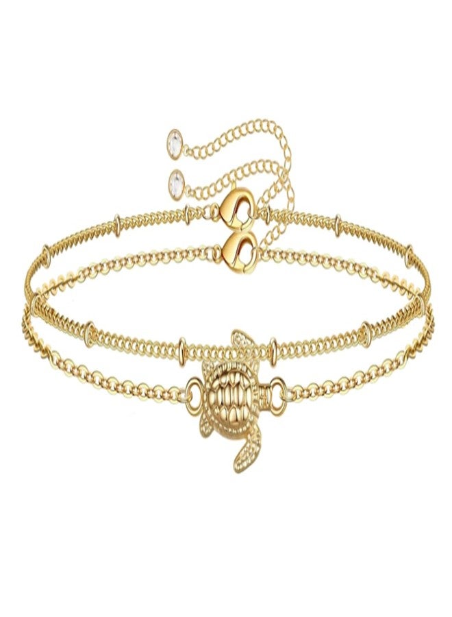 AZFEIYA Dainty Gold Bracelets for Women, 14K Gold Plated Adjustable Layered Bracelet Cute Evil Eye,Turtle Gold Bracelets for Women Jewelry (Turtle) - Image 1