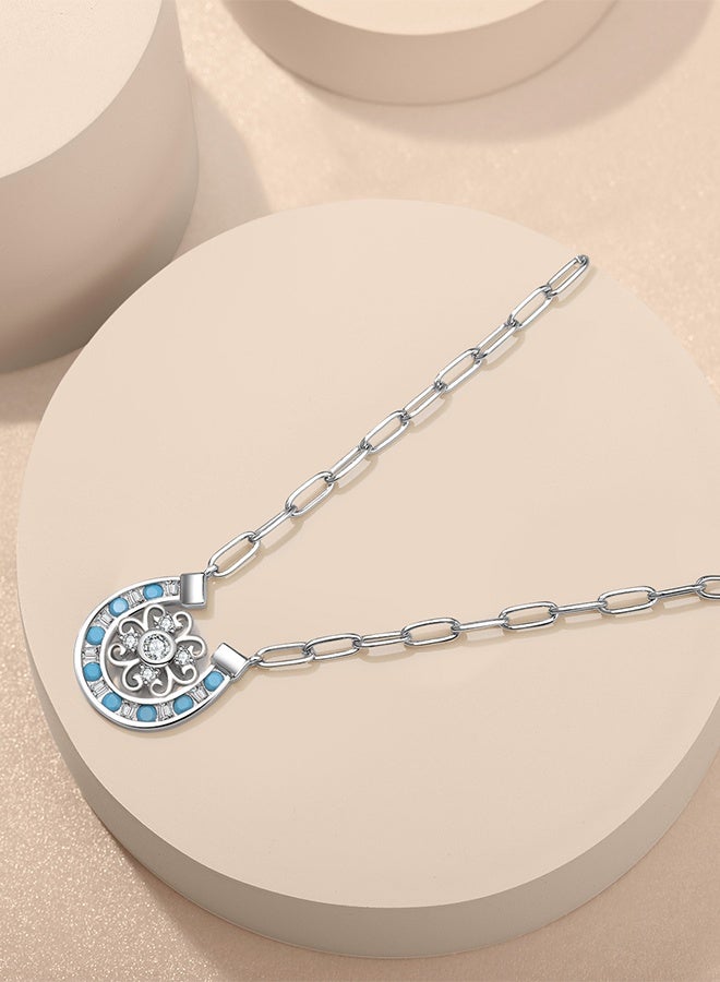 Moonmory 925 Sterling Silver  Hourseshoes Pendant Necklace For Women With 50CM Paper Clip Chain Original Design Lucky Flower  Arabesque Islamic Style  Pendant Necklace With Turquoise Stepstone Inlay Stone - Image 2