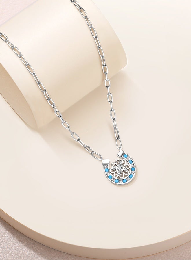 Moonmory 925 Sterling Silver  Hourseshoes Pendant Necklace For Women With 50CM Paper Clip Chain Original Design Lucky Flower  Arabesque Islamic Style  Pendant Necklace With Turquoise Stepstone Inlay Stone - Image 4