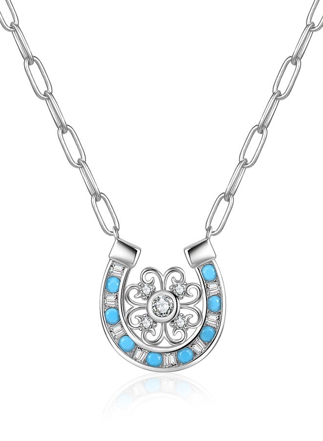 Moonmory 925 Sterling Silver  Hourseshoes Pendant Necklace For Women With 50CM Paper Clip Chain Original Design Lucky Flower  Arabesque Islamic Style  Pendant Necklace With Turquoise Stepstone Inlay Stone - Image 1