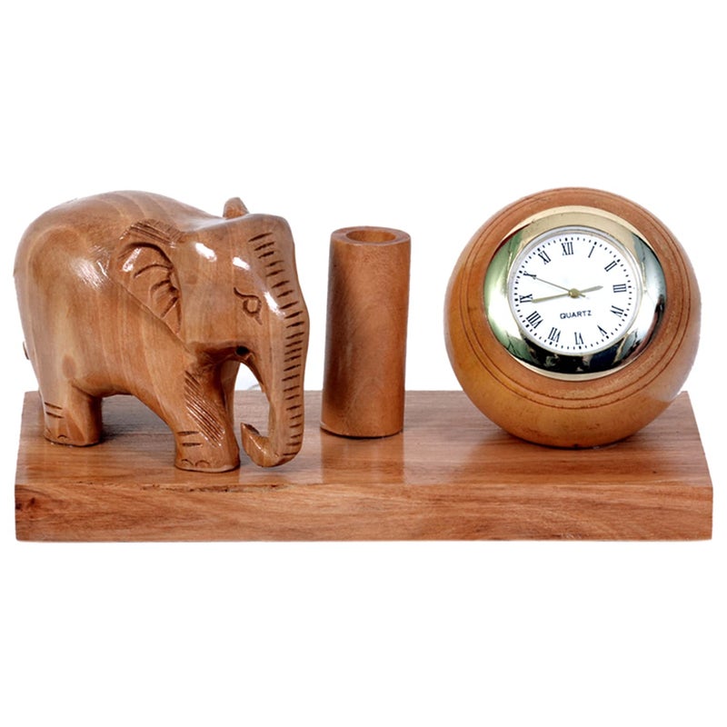 Craft Trade Pen Stand for Office Table - Pencil Holder With Clock and Elephant Statue Decorative Pen Holder for Study Table Desk Organizer for Study Table - Image 3