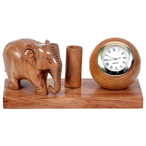 Craft Trade Pen Stand for Office Table - Pencil Holder With Clock and Elephant Statue Decorative Pen Holder for Study Table Desk Organizer for Study Table - Image 1