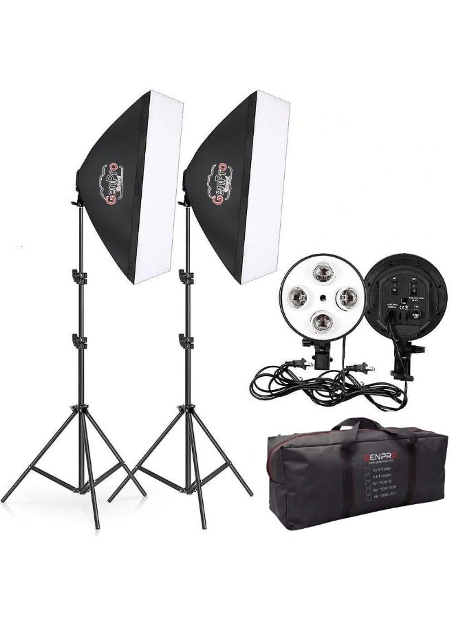 طقم إضاءة مستمر 125 واط، صندوق إضاءة50*70 سم، طقم إضاءة استوديو، 5 مصابيح، رأس مصباح 5500 كلفن، تصوير فوتوغرافي E27 (9قطع) - Image 1
