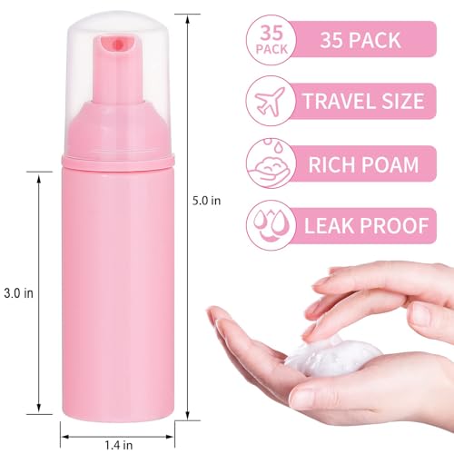 VEIDIA 35 Pack Plastic Foam Bottles Travel Soap Dispenser Bottles with Pump Mini Liquid Foaming Soap Containers for Refillable Hand Sanitizer Lash Cleanser Shampoo Castile Pink(2 oz) - Image 2