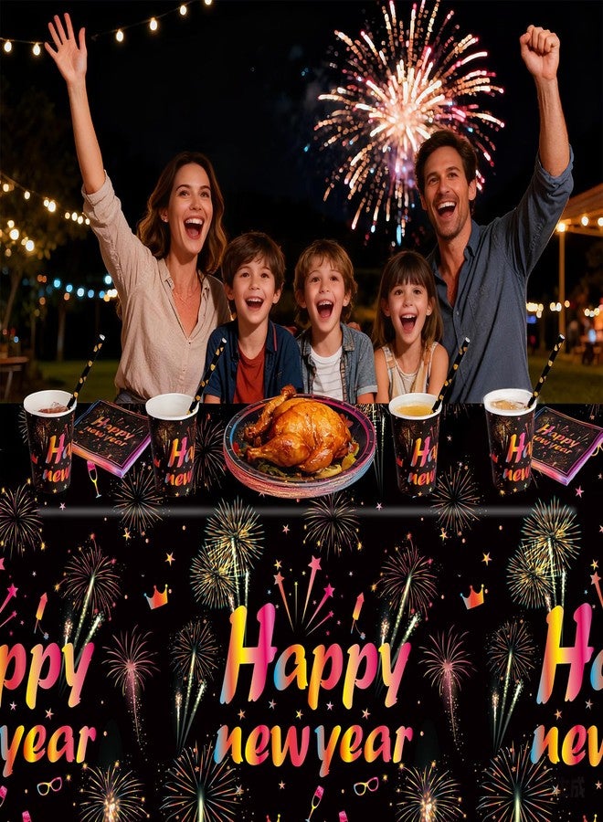 Yookat 101 Pieces Happy New Year's Eve Party Supplies Dinnerware Set with Happy New Year tablecloth paper trays paper cups straws napkins for 20 Guests for 2026 New Year's Eve Party Favors - Image 5