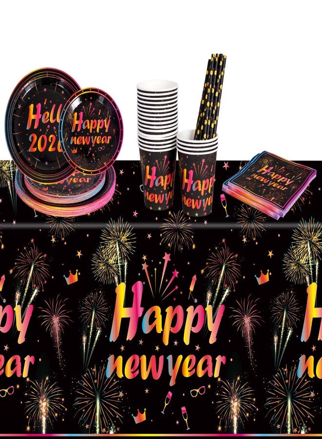 Yookat 101 Pieces Happy New Year's Eve Party Supplies Dinnerware Set with Happy New Year tablecloth paper trays paper cups straws napkins for 20 Guests for 2026 New Year's Eve Party Favors - Image 1