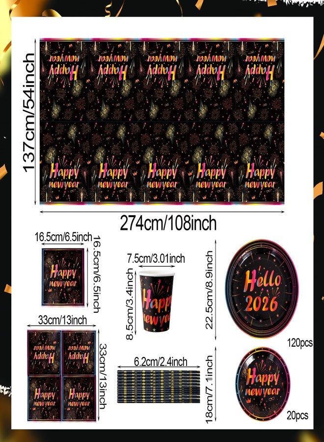 Yookat 101 Pieces Happy New Year's Eve Party Supplies Dinnerware Set with Happy New Year tablecloth paper trays paper cups straws napkins for 20 Guests for 2026 New Year's Eve Party Favors - Image 4