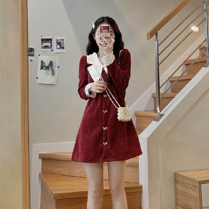Early Spring 2024 Hepburn Doll Collar Slim Fashion Long Sleeve Sweet Red A-Line Dress Red * 320