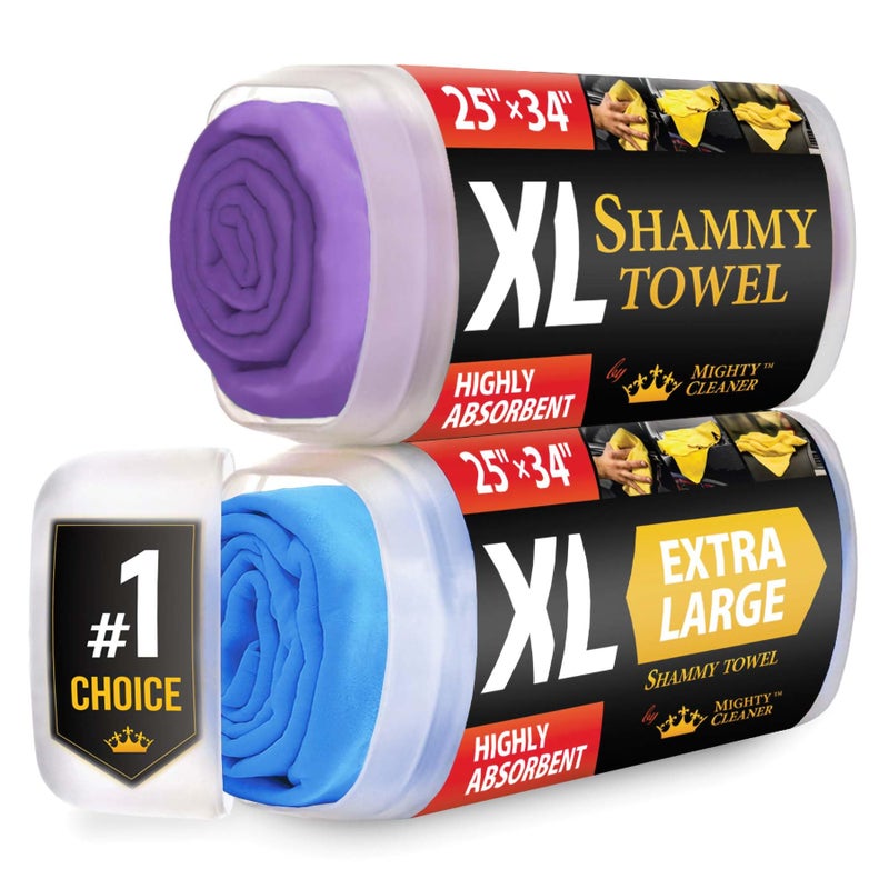 Premium XL Shammy Towel for Car 2pk 34x25 Super Absorbent Chamois Cloth Spots ScratchFree Reusable Car Drying Towels