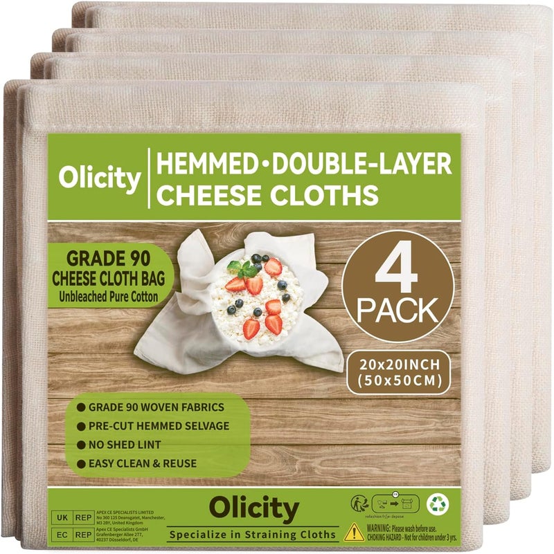 Olicity Cheese Cloths, 4PCS, Double-Layer, 20x20Inch, Reusable Grade 90 Cheese Cloth Bag for Straining, Hemmed Unbleached Cotton Precut Fine Mesh Muslin Cheesecloth for Brew, Jelly, Yogurt - Image 1