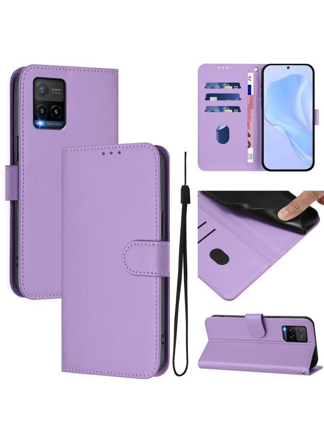The Bros Case For vivo Y33S 4G Global / Y21 2021 Skin Feel Solid Color Leather Phone Case with Lanyard