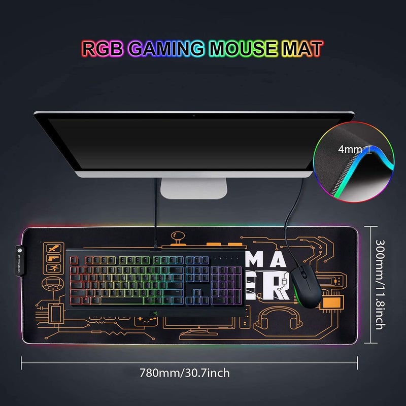 Speed وسادة ماوس للألعاب RGB، مضيئة ناعمة بـ 14 وضع LED، وسادة مكتب للوحة المفاتيح، حصيرة ماوس، قاعدة مطاطية غير قابلة للانزلاق - 78x30 سم - اقتباس أنا لاعب - Image 2