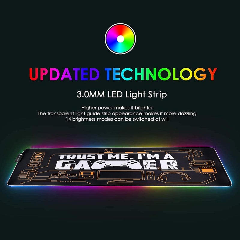 Speed وسادة ماوس للألعاب RGB، مضيئة ناعمة بـ 14 وضع LED، وسادة مكتب للوحة المفاتيح، حصيرة ماوس، قاعدة مطاطية غير قابلة للانزلاق - 78x30 سم - اقتباس أنا لاعب - Image 3