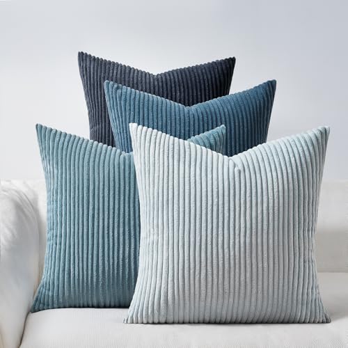 Topfinel Decorative Throw Pillow Covers Aque Teal Blue Gray SeriesSummer Corduroy Striped Toss Pillows for CouchPatioBalconyChildren BedroomModern Fluffy Blue Gradient Shams 20x20 Inch Set of 4 - Image 1