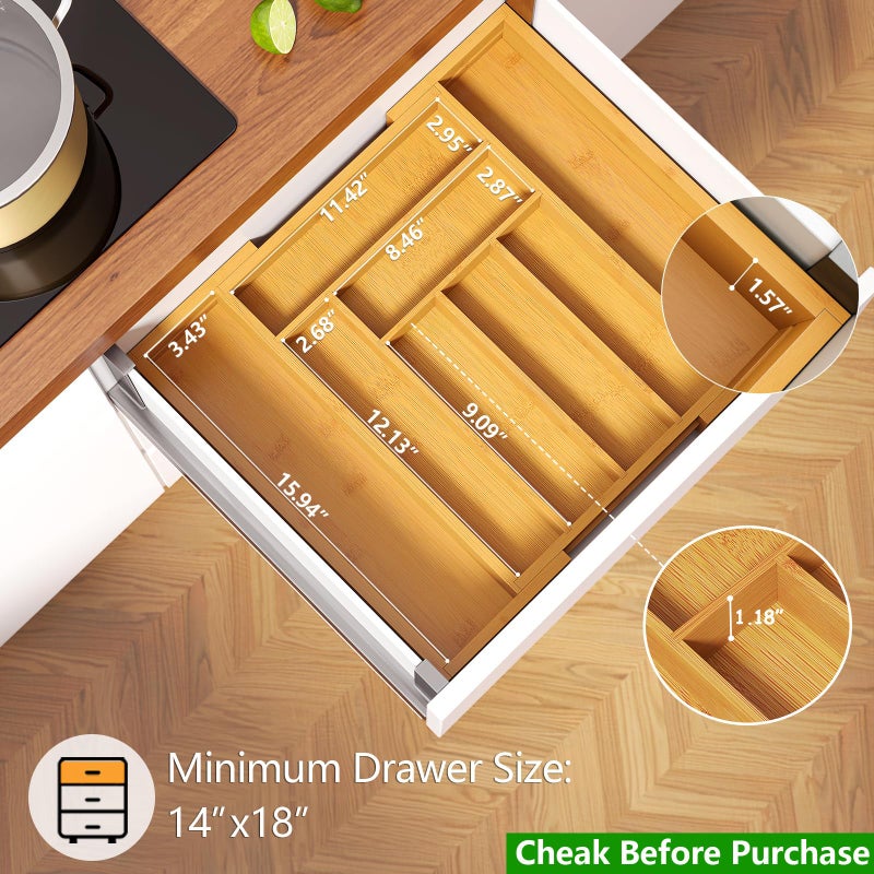 Pipishell Bamboo Expandable Drawer Organizer for Utensils Holder, Adjustable Cutlery Tray, Wood Drawer Dividers Organizer for Silverware, Flatware, Knives in Kitchen, Bedroom, Living Room - Image 2