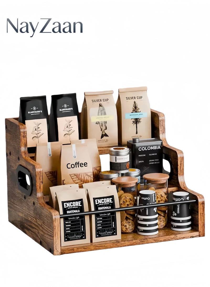 نايزان رف تخزين شراب القهوة وحدة تخزين القهوة حامل عرض حاوية تخزين ثلاث طبقات رفوف منضدة وحدة تخزين ميني بار رف تخزين حامل عرض منزلي عتيق - Image 1