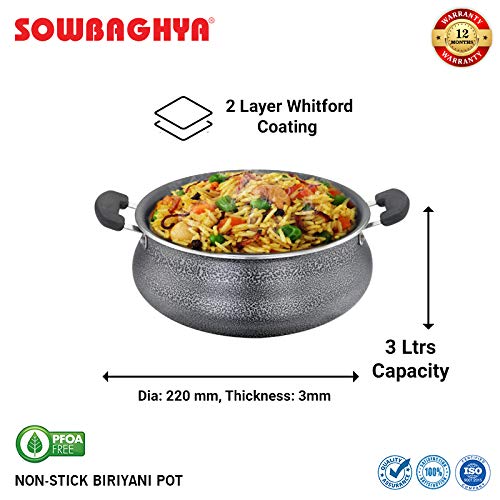 SOWBAGHYA Aluminium Biryani Pot with Lid, 3 L (Black) Handi | Patila | Bhagona | Tapeli with LID | Multipurpose Aluminium Cooking Utensils for Kitchen | Dishwasher Safe | Metal Spoon Friendly - Image 2