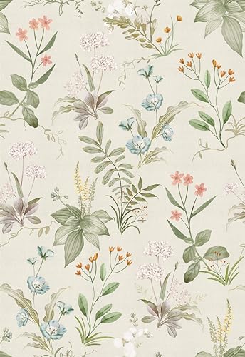 Simon&Siff Vintage Wallpaper Peel and Stick Beige Floral Contact Paper Wildflowers Botanical Wall Paper Removable Renter Friendly Wallpaper 17.3in x 40ft - Image 1