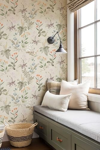 Simon&Siff Vintage Wallpaper Peel and Stick Beige Floral Contact Paper Wildflowers Botanical Wall Paper Removable Renter Friendly Wallpaper 17.3in x 40ft - Image 2