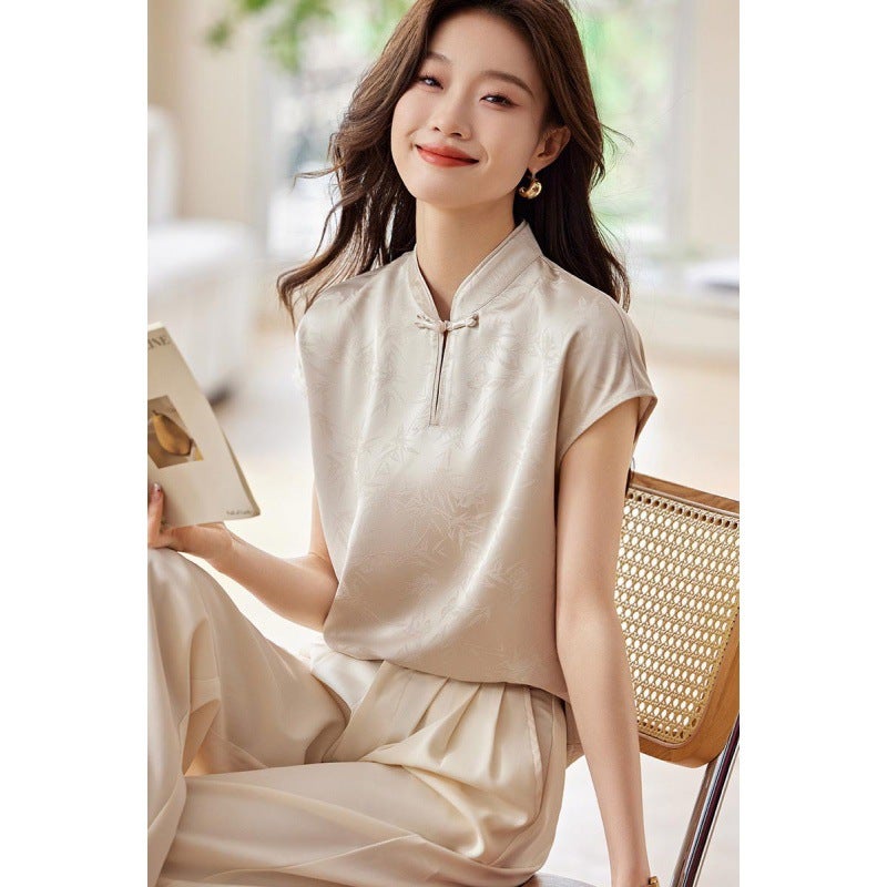 Original New Chinese-Style Button Texture Satin Jacquard Shirt 2024 Vertical Collar Short-Sleeved All-Match Top - Image 4