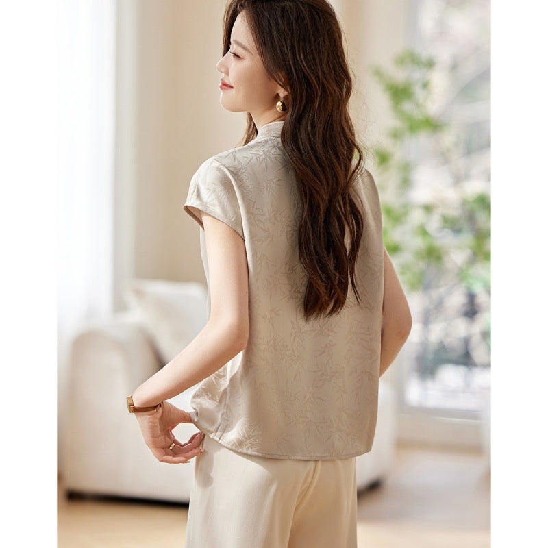 Original New Chinese-Style Button Texture Satin Jacquard Shirt 2024 Vertical Collar Short-Sleeved All-Match Top - Image 5