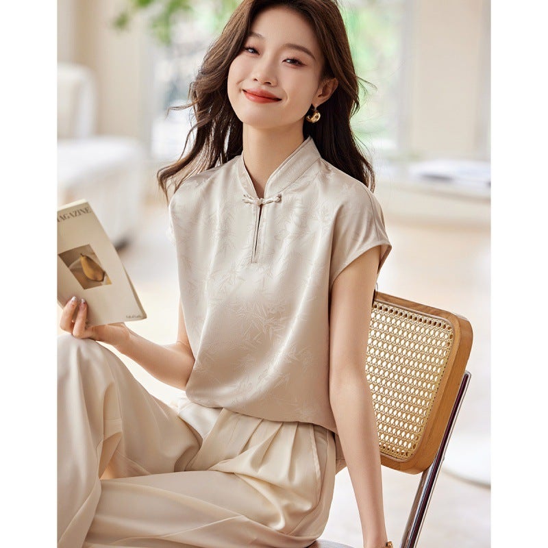 Original New Chinese-Style Button Texture Satin Jacquard Shirt 2024 Vertical Collar Short-Sleeved All-Match Top - Image 3