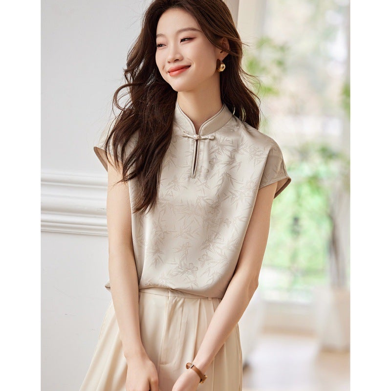Original New Chinese-Style Button Texture Satin Jacquard Shirt 2024 Vertical Collar Short-Sleeved All-Match Top - Image 2