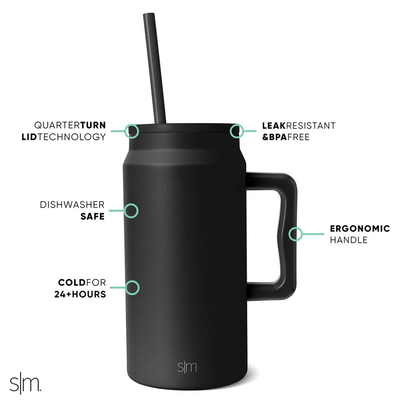 Simple Modern 50 oz Mug Tumbler with Handle and Straw Lid | Reusable Insulated Stainless Steel Large Water Bottle | Gifts for Women Men Him Her | Trek Collection | 50oz | Midnight Black - Image 3